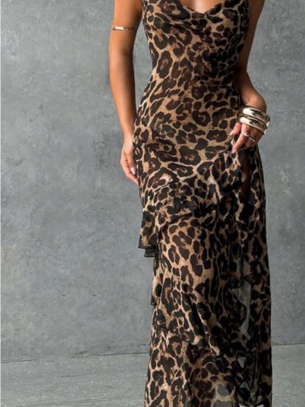 Leopard print asymmetrical off shoulder maxi dress. Size XS. Sheer fabric. New. - Picture 5 of 16